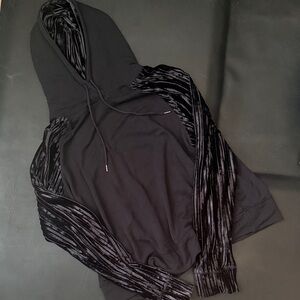 Calia Black Velvet-Sleeve Hooded Sweatshirt